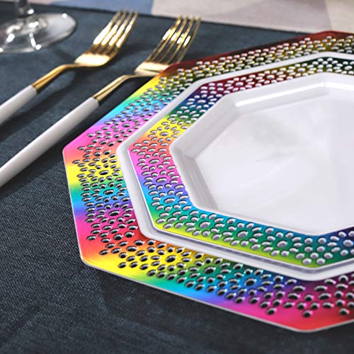 Supernal 60Pcs Rainbow Plastic Plates,Tie-Dye Plates,White Plastic Plates With Rainbow Lace Design,Disposable Plates Including 30 Dinner Plates,30 Dessert Plates For Wedding And Birthday Parties #TOP2