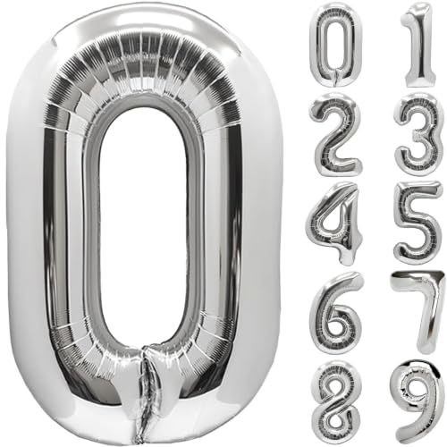 Image of Number Balloons Silver Party Balloon - Giant Number 0 Balloon, 40 Inch Large Balloon for Birthday Decorations, Silver Party Supplies for Anniversary