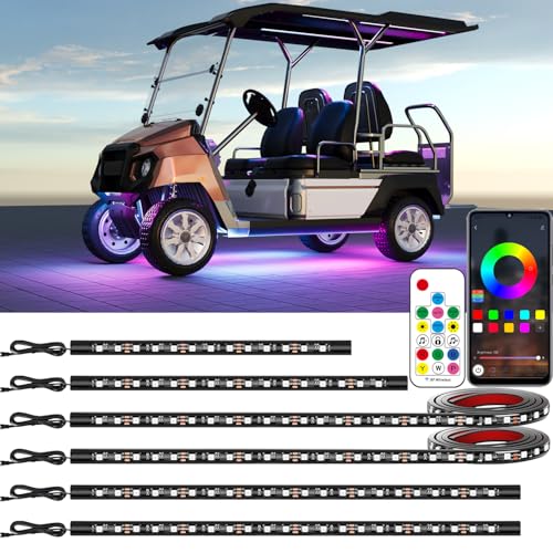 6PCS Golf Cart Underglow LED Light Kit with Built-in 12V-80V Reducer & Canopy Lights APP & Remote Control Sound Active Music Sync IP67 Waterproof Battery Drain Protect for EZGO Yamaha Club Car