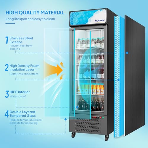 Image of ROVSUN 17 Cu.Ft Commercial Beverage Refrigerator ETL NSF, Slim Merchandiser Refrigerator Display Refrigerator Beverage Cooler Glass Door Fridge w /Adjustable Shelves LED Light for Bar Restaurant Cafe