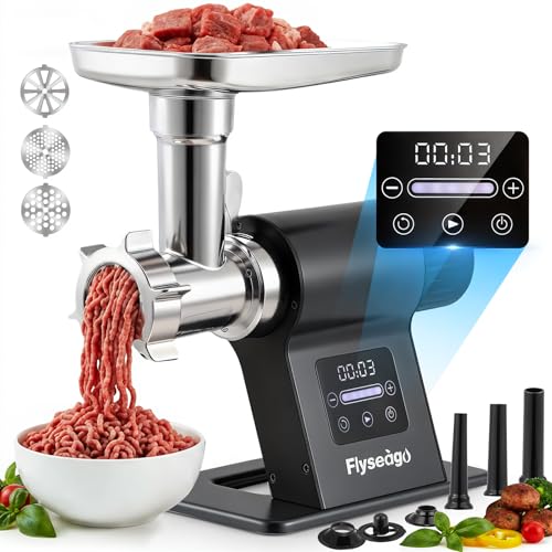 Image of Flyseago Meat Grinder Electric 3200w Commercial Touch LED Screen Heavy Duty Metal Gearbox Meat Grinder with Timing and Sausage Stuffers, Kubbe Kit for Household Use & Commercial