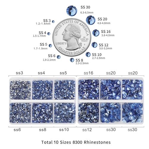 Image of Beadsland Flatback Rhinestones, Light Sapphire, 8300pcs Mixed 10 Sizes