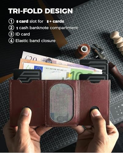 Contacts RFID Blocking Minimalist Tri-Fold Slim Credit Card Genuine Leather Wallet with Upto 6 Card Slots Including 1 ID Window, 1 Banknote Compartments and Coin Pocket (Brown-New) 2 51O+8Y7JuPL