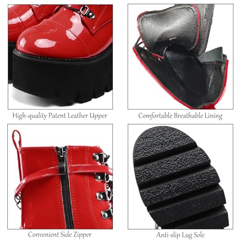 Women's Patent Leather Chain Platform Block Heel Goth Ankle Boots with Side Zipper Fashion Comfortable Round Toe Chunky High Heel Lace Up Combat Boots Y2K Punk Motorcycle Booties3