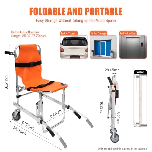 Tragestuhl 159kg Treppenstuhl 350lbs Treppensteiger EMS Treppenlift aus Aluminiumlegierung mit 2 Rädern Krankenwagen Feuerwehrmann Evakuierung für ältere Menschen und Behinderte