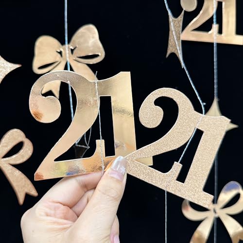 Image of Glitter Champagne 21st Bow Birthday Decorations Champagne Conquette Bow Garland Streamer Banner Backdrop for Girls Happy 21st Birthday Finally Legal Cheers to 21 Years Old Anniversary Party Supplies