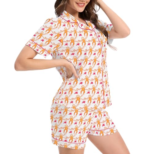 Image of Ammiko Womens Pajamas Set Y2k Loungewear Pajama Button Down Top and Shorts Monkey Beach Short Sleeve Sleepwear Preppy