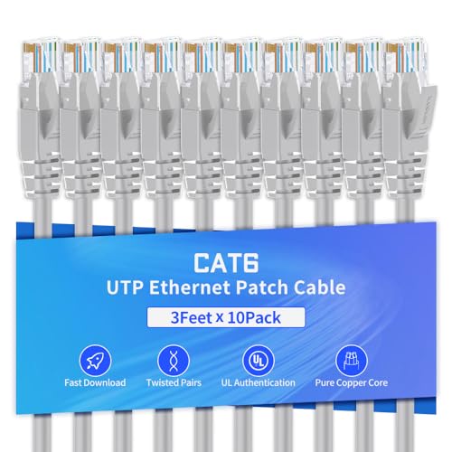Cat6 Ethernet Cable 3 Feet 10 Pack Network RJ45 Cat6 Internet Patch Cable, Unshielded, Light Gray
