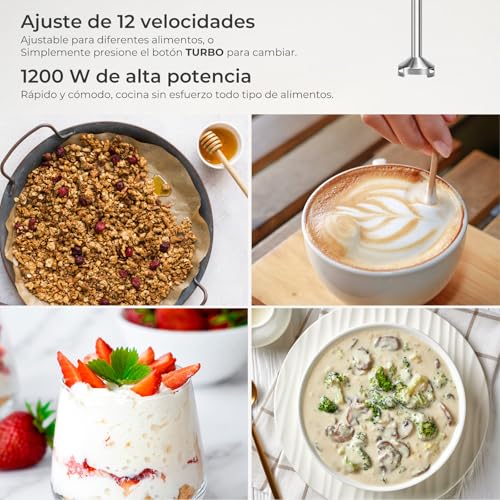 Batidora de Mano 1200W - 12 Velocidades + Turbo | Para Sopas, Purés (Bebés), Salsas y Batidos | Incluye Vaso Medidor 800ml, Picadora 600ml y Espumador de Leche | Acero Inoxidable | Fácil de Limpiar - imagen 3