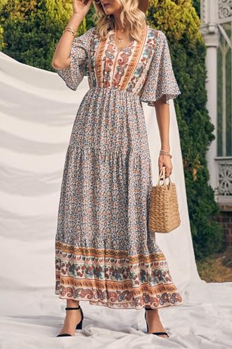 Image of PRETTYGARDEN Women's Casual Summer Boho Floral Print Dress V Neck Short Sleeve High Waist Long Maxi Beach Dresses
