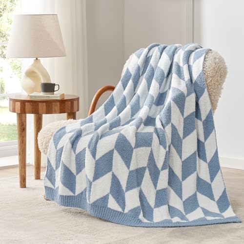 Image of Snuggle Sac Chevron Throw Blanket for Couch, Reversible Super Soft Warm Blankets Cozy Knit Fuzzy Plush Lightweight Throws for Sofa, Bed, Camping, Blue, 50x60 inches