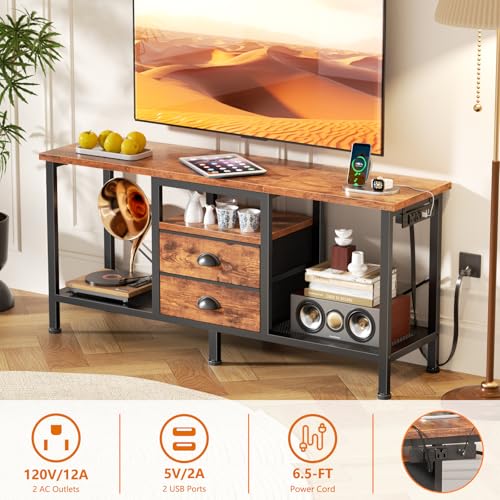 image for Furologee TV Stand with Power Outlets and 2 Fabric Drawers, 42 Inch Sm