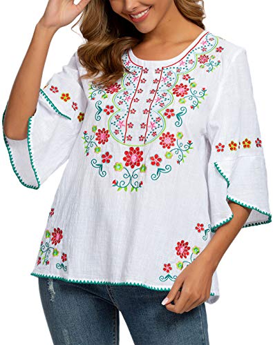 Image of Mexican Shirts Peasant Blouses for Women Cotton Embroidered Blouses Fiesta Summer Bohemian Shirts 3 /4 Sleeves