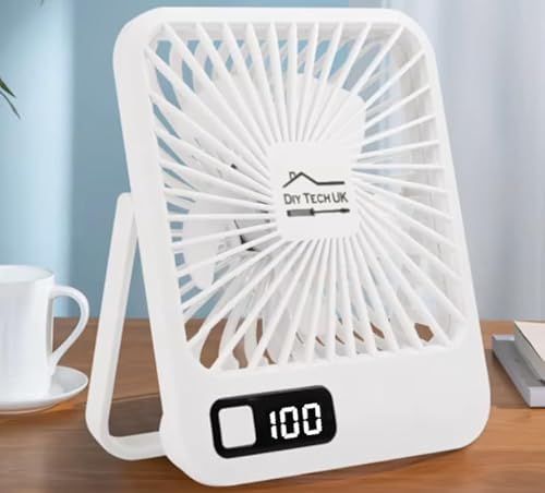 DIY TECH UK - CoolBlast Slim - Ventilador de escritorio USB pequeño 2 en 1 - Ventilador de escritorio silencioso recargable - 5 velocidades con pantalla LED - Funciona con pilas - Potente escritorio