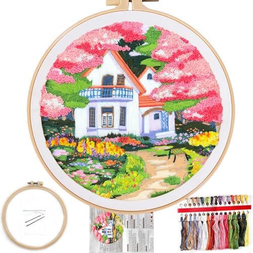 Image of FONNUY Embroidery Kit for Beginners, Boho Nature Landscape Pre-Stamped Pattern Kits for Adults with Hoop, Easy to Follow Color Thread Needlework, 8'' Hoop (Flower House)
