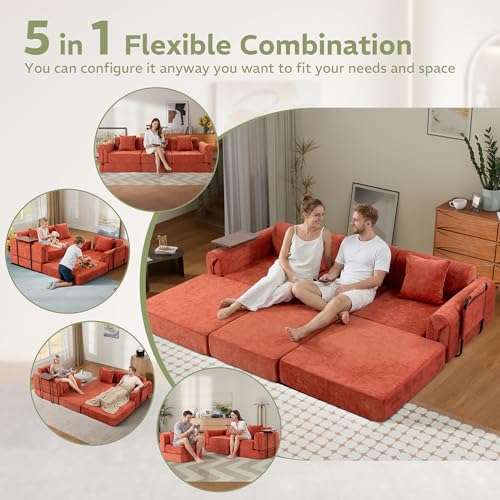 Image of 100 inch Convertible Sofa Bed, 5-in-1 Modular Sectional Cloud Couch with Fixed-Shape Frame & Storage Pocket, No Assembly Required Boneless Sleeper Sofa for Living Room, Chenille Orange