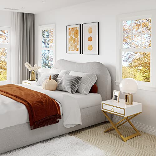 DWVO Modern White Nightstand with Drawer Solid Wood Small Bedside Table Gold Metal Frame Fully Assembled End Table for Living Room Bedroom