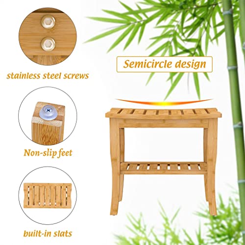 Taburete de ducha esquinero de bambú con almacenamiento de 2 niveles, banco de baño impermeable para afeitarse piernas y reposapiés, cómodo taburete de baño de madera para máxima relajación