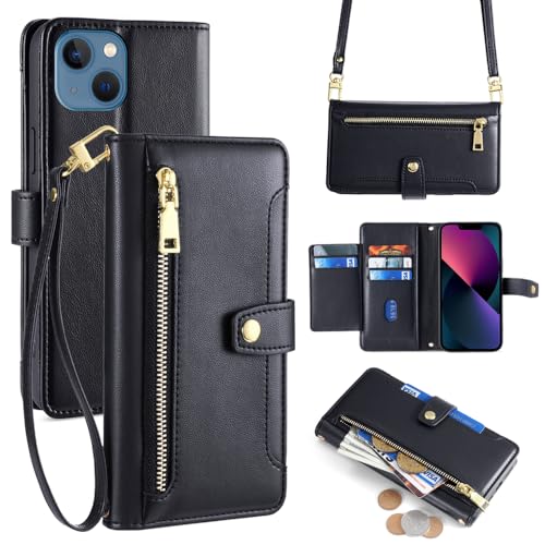 ERDARARIPRO Custodia per Samsung Galaxy S24 Ultra con cinghia, portafoglio flip cover con chiusura magnetica a zip [6 scomparti per carte+1 scomparto per contanti] Folio in lussuoso cuoio vegano Nero