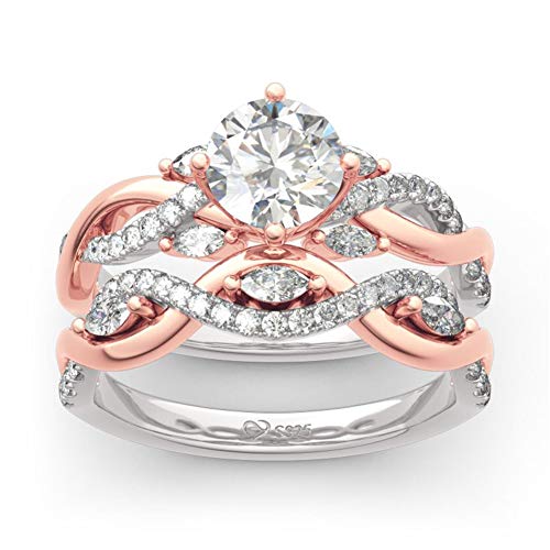Jeulia Twist Two Tone Round Cut Sterling Silver Ring Set Cubic Zirconia CZ Eternity Engagement Anniversary Wedding Band Ring Set with Jewelry Gift Box for Her