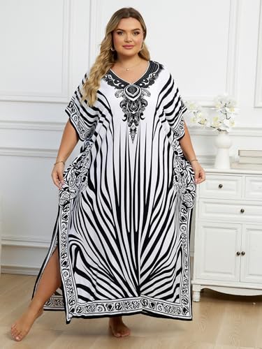 Image of KECVOT Kaftan Dresses for Women V-Neck Print Swimsuit Cover Up Plus Size Beach Caftan Lounge Dress