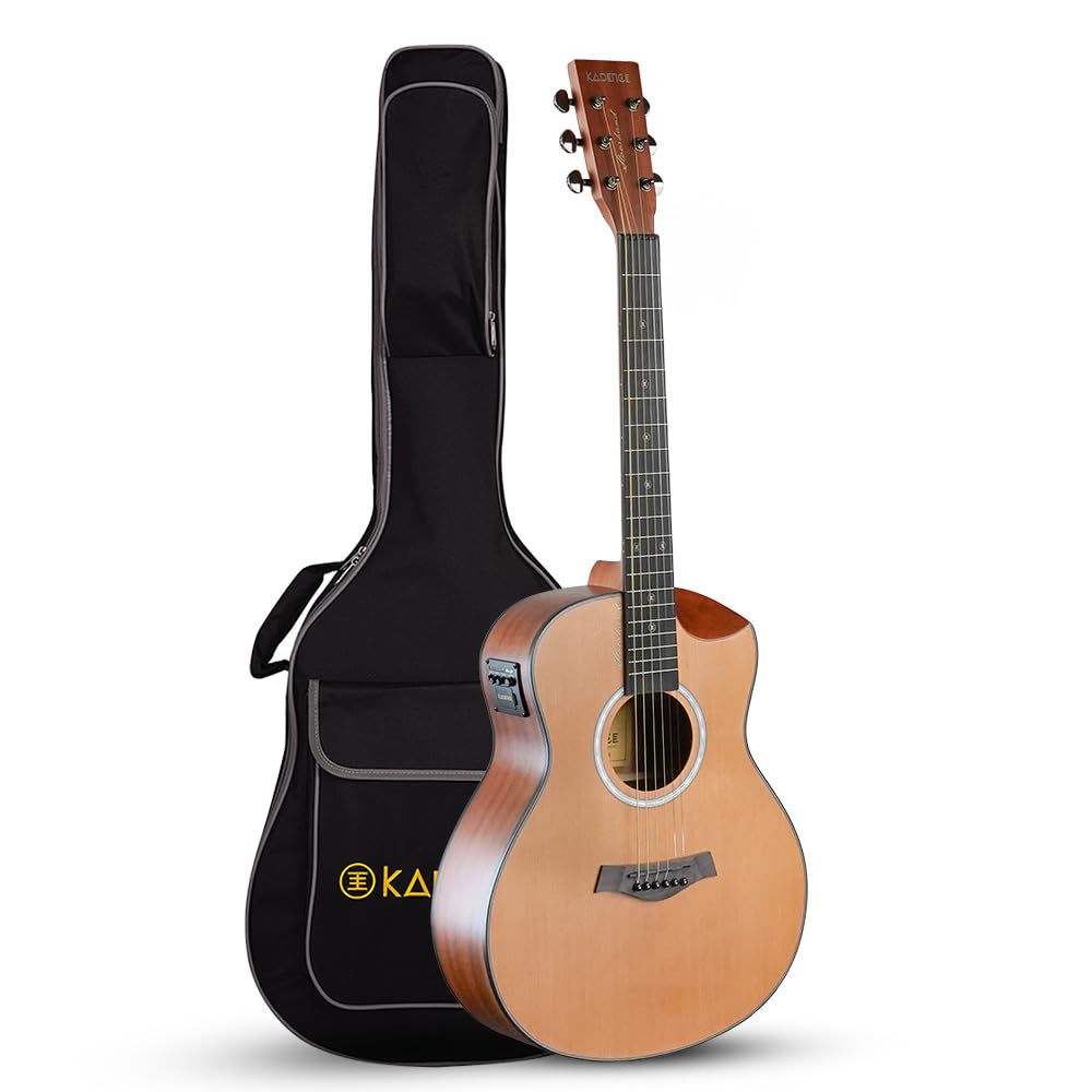 Kadence Slowhand Cedar Top SHM02, Premium Mahogany Semi Acoustic Guitar, 38 Size Travel Guitar, Demi-Cutaway Design, With Padded Bag And Preamp