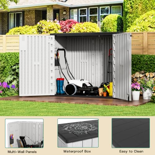 Image of KINYING Outdoor Horizontal Storage Sheds,37 Cu.ft Outdoor Storage Cabinet Waterproof Resin Tool Storage Box for Lawn Mower,Garden Tools and Patio Furniture, Lockable (Grey)