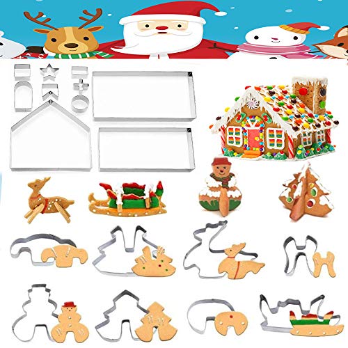SNAGAROG - Juego de 18 cortadores de galletas en 3D de acero inoxidable para casa de pan de jengibre, moldes para galletas en forma de casa de Navidad, para decoración de tartas de Navidad