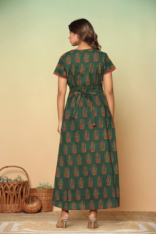 Image of NIHSAMAH Cotton Night Gown for Women - Angrakha Style Nighty, Comfortable Sleepwear /Nightwear /Maxi