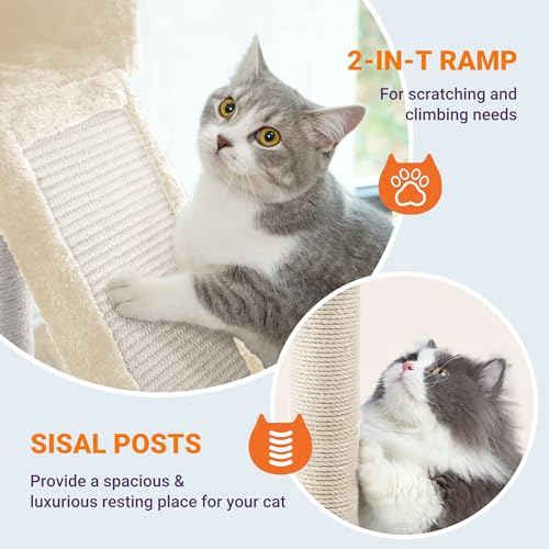 Image of Allewie 81 Inches Tall Cat Tree /Multi-Level Large Climbing Tree House and Towers for Big Feline /Condo and Hammock /Scratching Post /Wide Base /Beige