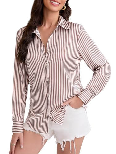 Image of Premium Soft Breathable Stretch Satin Silk Button Down Shirts for Women Long Sleeve Leopard Blouses Work Dress Tops