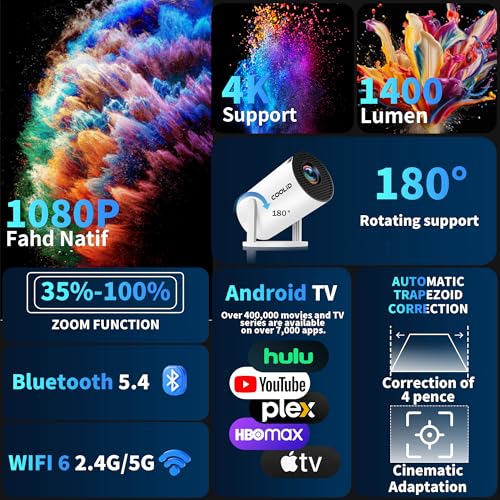 Image of [Built-in Apps & 2026 Upgraded] Mini Projector Support 4K 1080P Auto Keystone 180 Rotatable with WiFi 6 and Bluetooth 5.4, Projector Portable Compatibile with HDMI /TV Stick /Memory Stick /Laptop-White