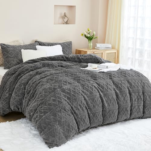 Andency Gray Sherpa Duvet Cover Set King Size, 3 Pieces Fluffy Fuzzy Faux Fur Bedding Comforter Cover, Warm Plush Fleece Shaggy Casual Boho Bed Cover For Winter cover
