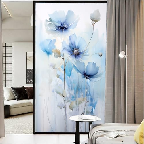 FOCCAR Película de cristal moderna con diseño de amapola en acuarela, hermosa flor azul, película de privacidad para ventana, película de vidrio no adhesiva, decorativa, estática, para el hogar y la