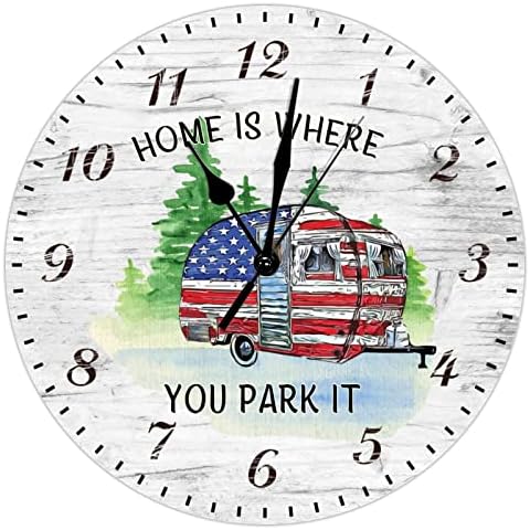 Home is Where You Park It Wooden Decorative Wall Clock Mountain Camper Travel Trailer Farmhouse Clocks Silent Non Ticking Battery Operated Round Wood Clocks for Kitchen Dinning Room 10inch