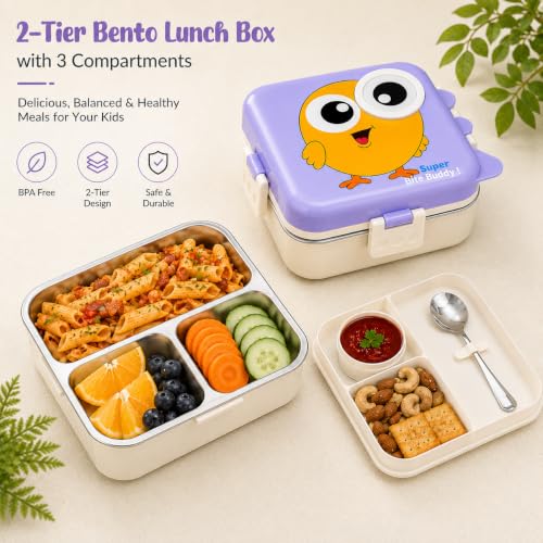 Image of Homy Super Bite Buddy Cartoon Kids Lunch Box with Compartments - Air Vent, Spoon, Sauce Container & Stainless Steel Tray - Purple Chick Design (1100ml+50ml) (Purple)