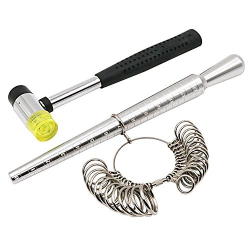 PHYHOO Rould Ring Mandrel Metal Ring Sizer Gauge Set with Jewelers Rubber Mallet
