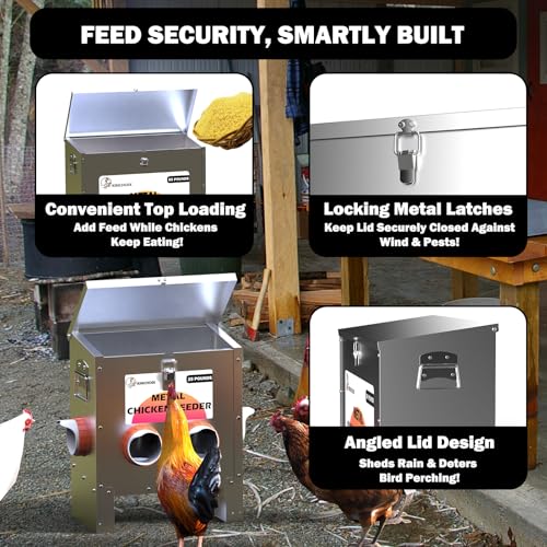 Metal Chicken Feeder Large Capacity 25lbs Automatic Metal Chicken Feeders No Waster Weatherproof Poultry Feeder for Chickens, Geese, Ducks, Turkeys (4-Port)