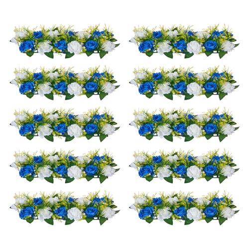 VEVOR Composition Florale Artificielle Linéaire, Lot de 10, Fleurs Artificielles avec Roses Bleues et Blanches, pour Centre de Table, Mariage, Fête,...