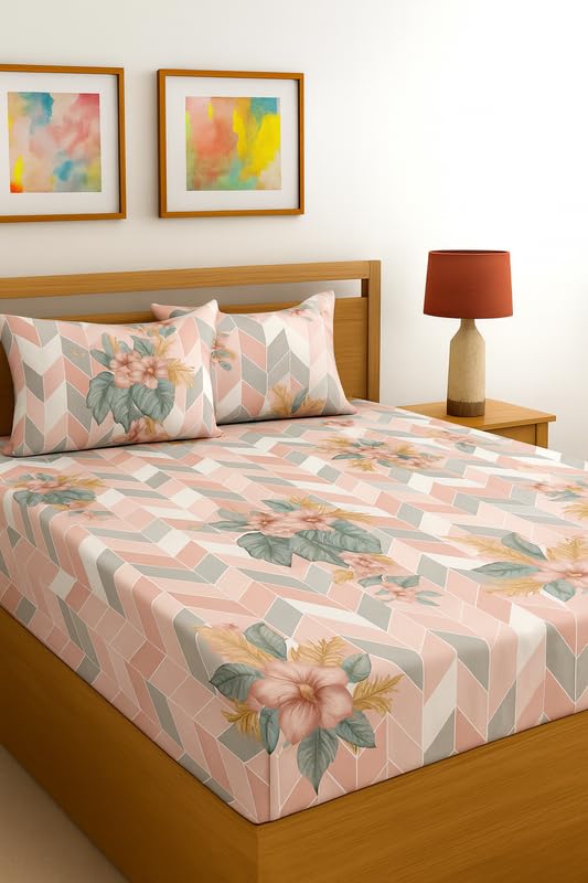 Image of Fitted sheet Peach Floral Chevron Print Fitted Bedsheet | Glace Cotton 140 TC | Double Size (48x75 inch) with 2 Pillow Covers (18x28 inch) | Deep Pocket up to 10 Inches - Soft & Comfortable