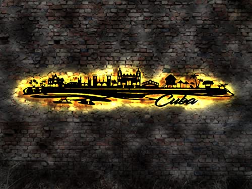 Tableau mural LED Skyline Cuba avec carte AK et motif drapeau néon en bois pour salon