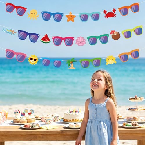 Image of Hooqict Summer Party Banner Decorations Colorful Sunglasses Banner Garland Sign for Summer Vacation Party Decorations Tropical Luau Beach Pool Birthday Decoration Supplies