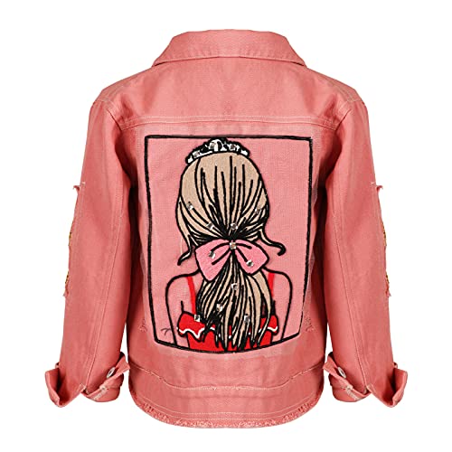 Amur Leopard Veste Denim Enfant Fille Blouson Parka Mi-saison Manteau en Jean Enfant Imprimé de Dos de Fille pour Printemps Automne, Rose, 160/12-13 Ans Cover