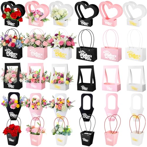 PerKoop 30 Pcs Mothers Day Flower Box for Arrangement Bouquet Bags for Flowers Gift Bags with Handle Waterproof Packaging Floral Wrap Anniversary Birthday Party Black White Pink(Mixed Shapes)