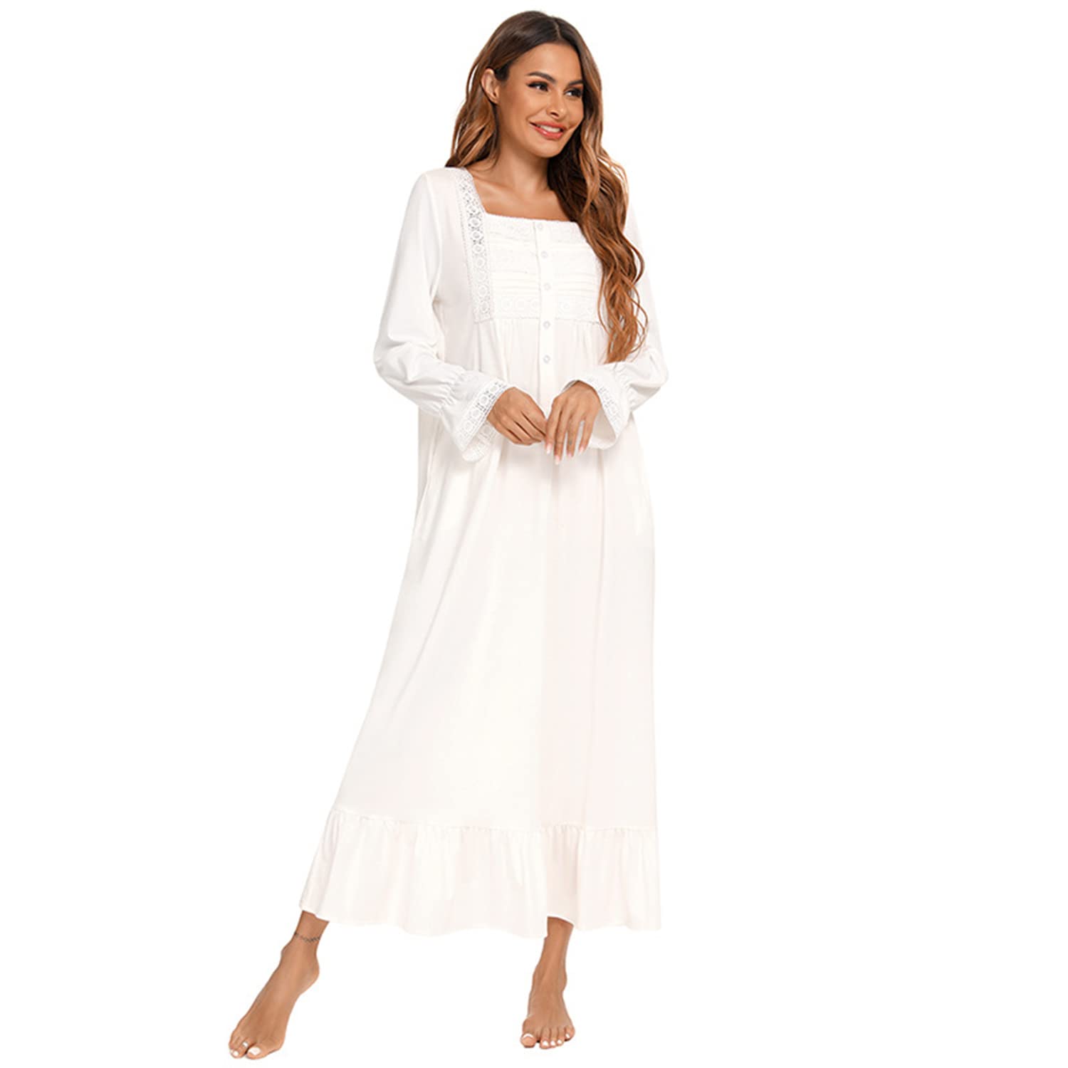 Verve Jelly Chemise de nuit vintage victorienne à manches longues pour femme, robe pyjama légère et douce