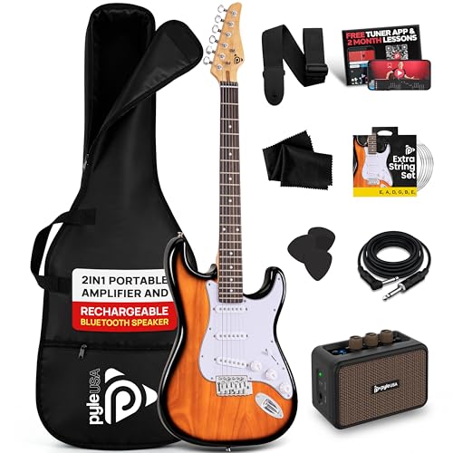 Pyle Set de Guitarra Eléctrica de Tamaño Completo con Amplificador de 5W, Estuche, Púas, Cuerdas de Repuesto y Correa, Paquete de Guitarra para Principiantes Estilo ST con 22 Trastes