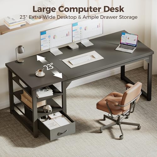 Image of Mericonia 63 in Computer Desk with Drawer, 1 inch Thick Reversible Office Desk | Large Modern Writing Table with Storage Shelves, Heavy Duty Industrial Executive Desk for Home Bedroom Study Work