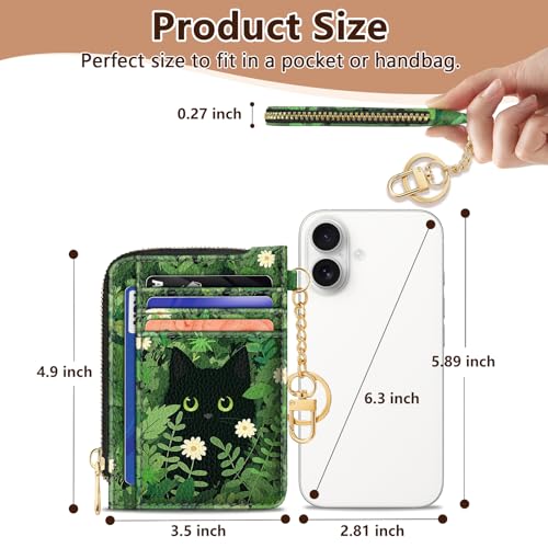 Image of GIANCOMICS Slim Wallet Credit Card Holder Women, Black Cat Flower Rfid Blocking Small Card Case, Keychain Thin Pocket Curved Zipper Wallet, Travel Card Holder PU Leather ID Window, Ladies Female Gift