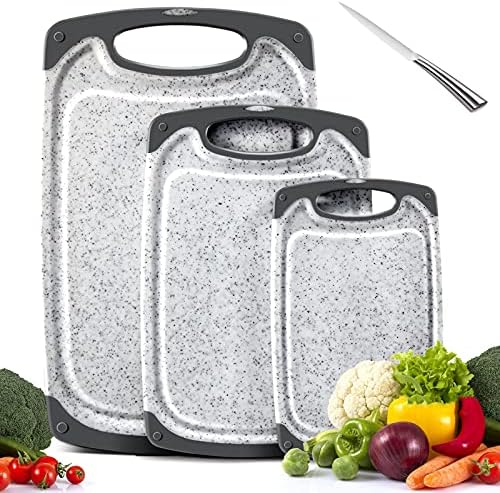 MASTERTOP Chopping Board Set, 3 Pcs Kitchen Cutting Board with Non-Slip Feet and Juice Groove, Plastic Cutting Boards, BPA Free, Dishwasher Safe, Comes with 1 Stainless Steel Knife, Gray