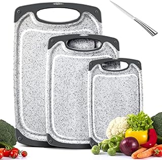 MASTERTOP Chopping Board Set, 3 Pcs Kitchen Cutting Board with Non-Slip Feet and Juice Groove, Plastic Cutting Boards, BPA Free, Dishwasher Safe, Comes with 1 Stainless Steel Knife, Gray
